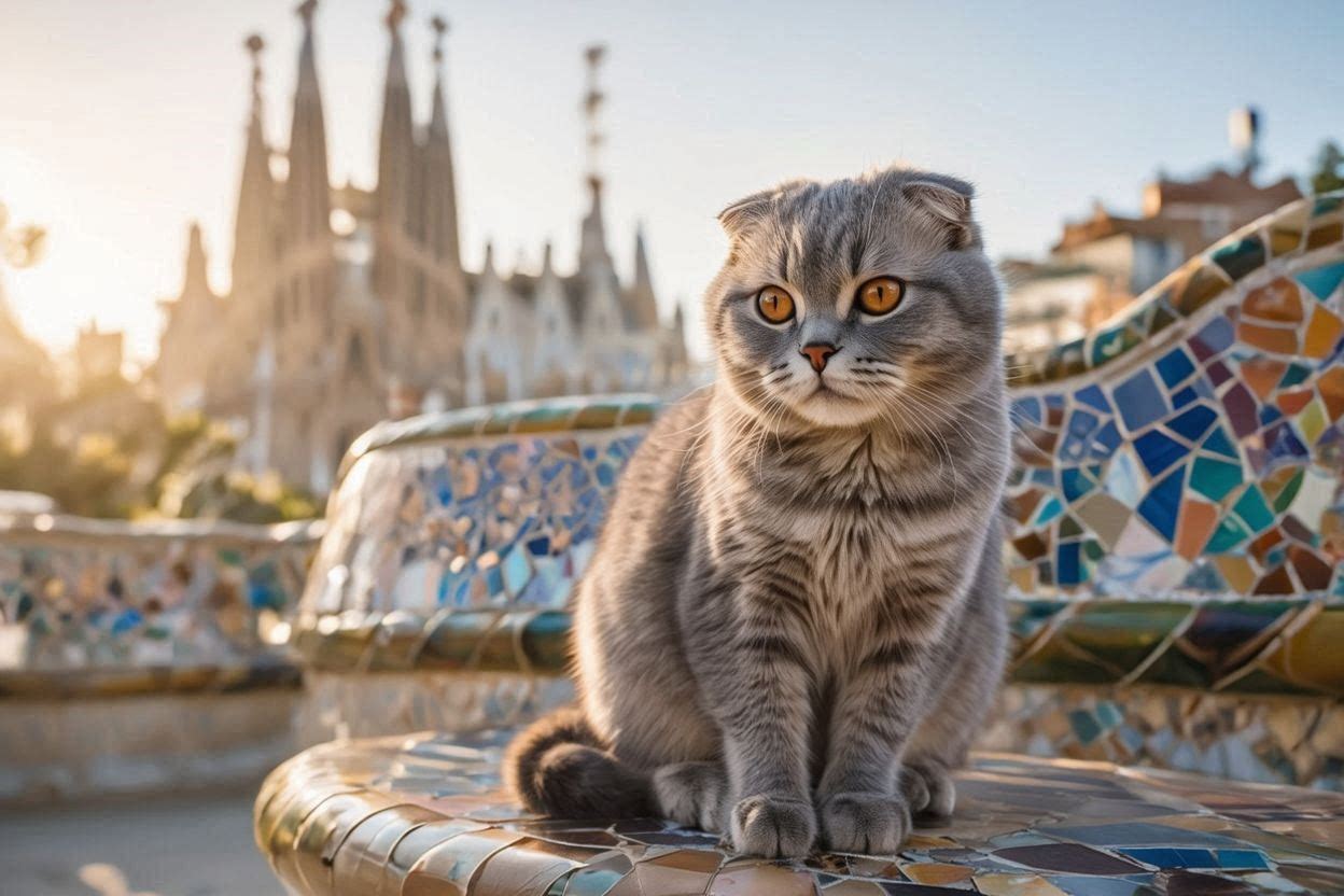 Mera the cat posing in Barcelona, Spain with Mediterranean architecture in the background