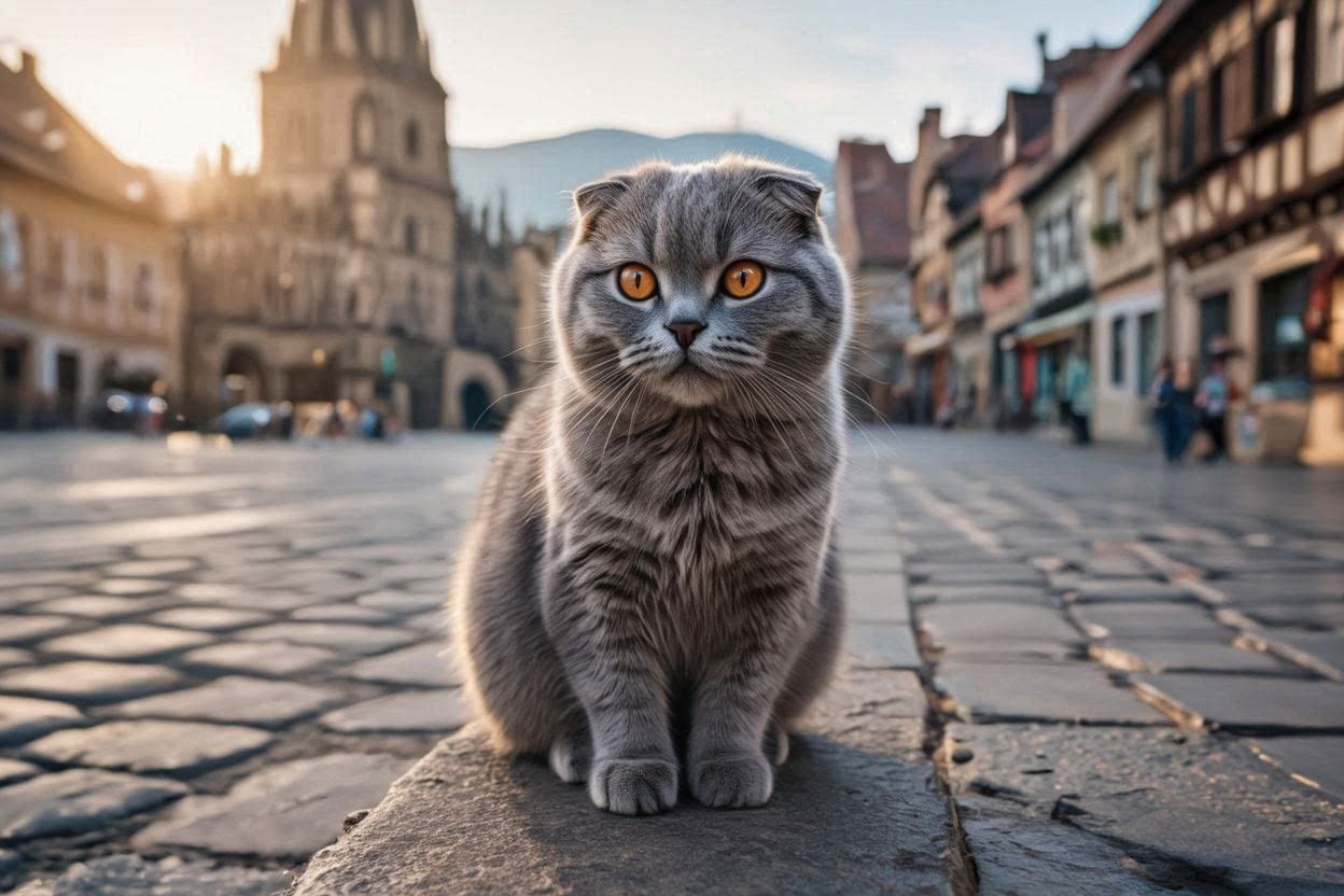 Mera the cat in Brașov, Romania with the Carpathian mountains in the background