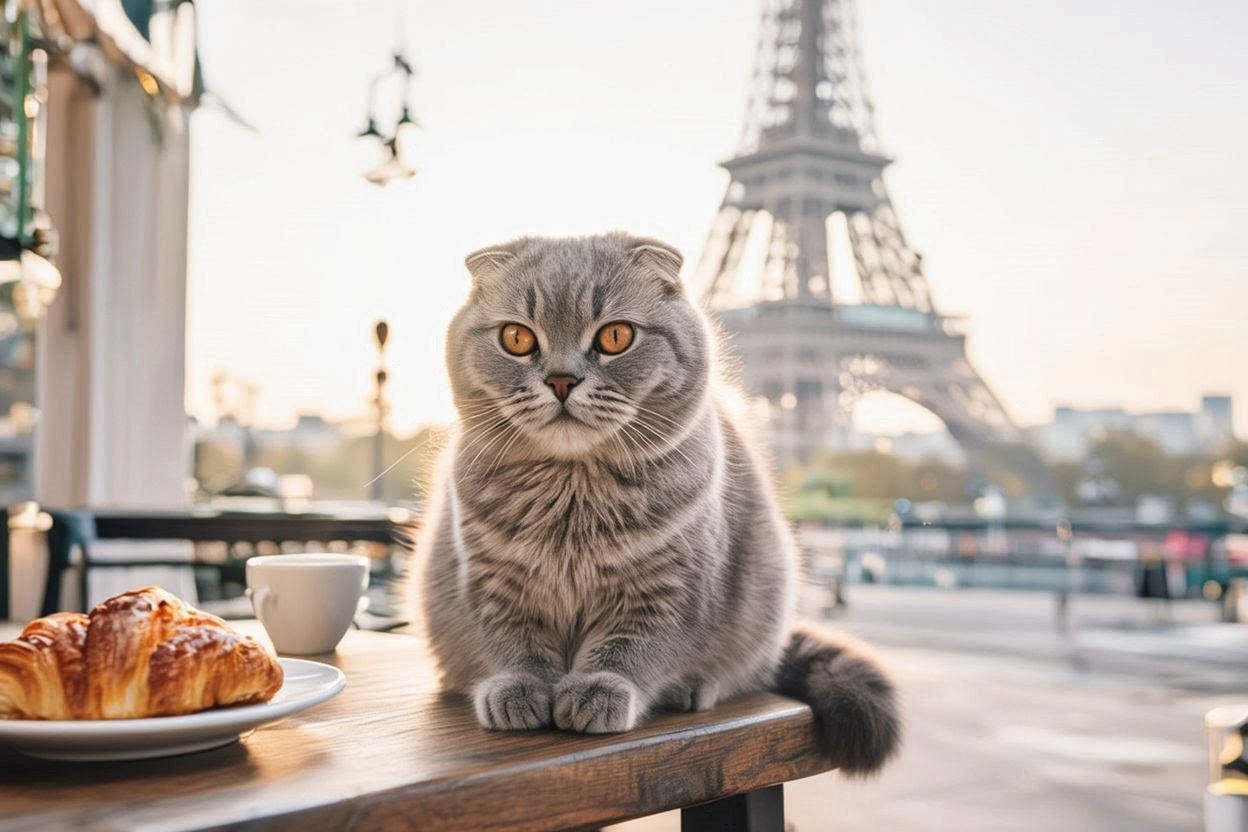 Mera the cat posing in Paris, France with the Eiffel Tower in the background