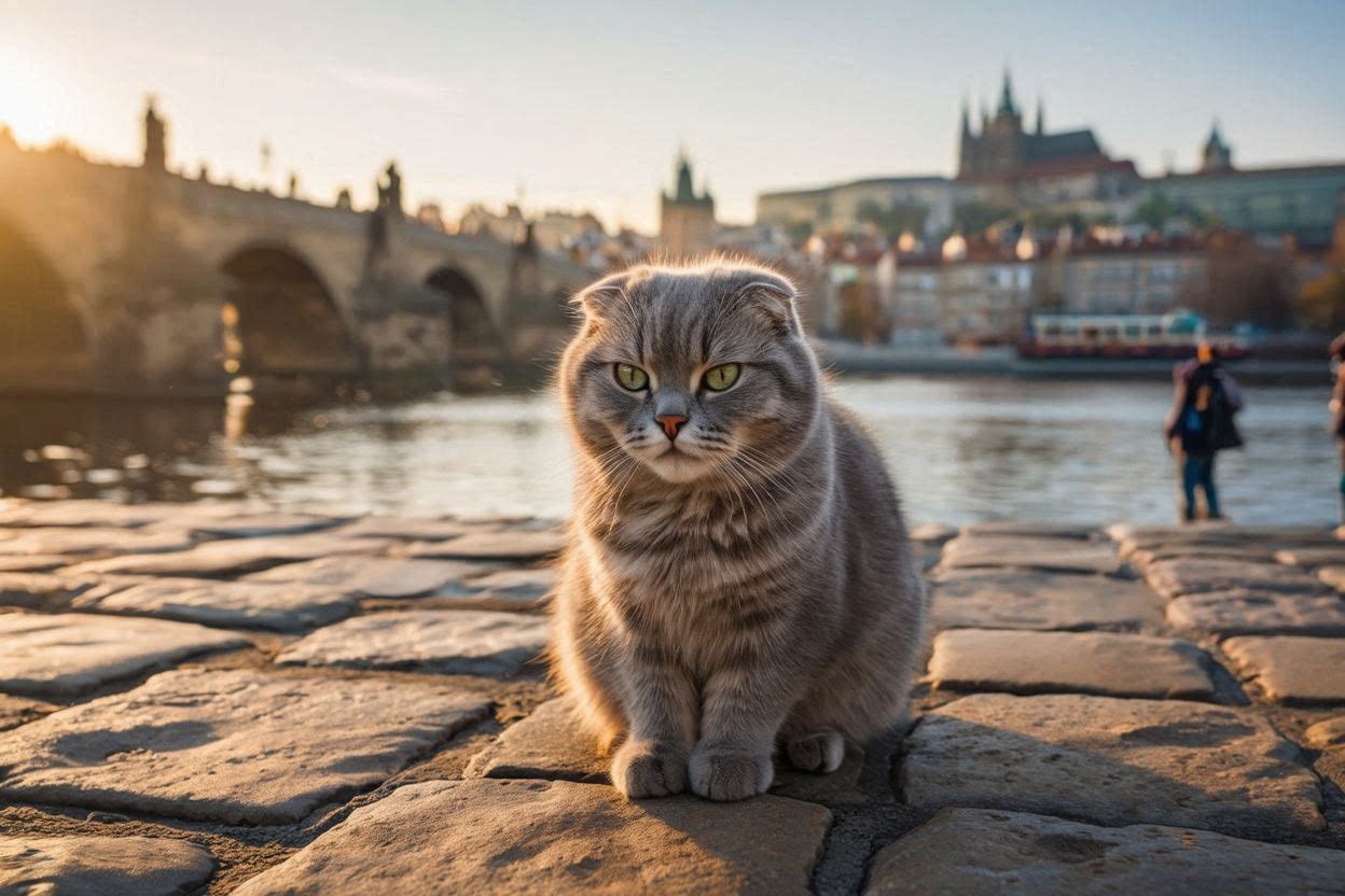 Mera the cat in Prague, Czechia with Charles Bridge in the background