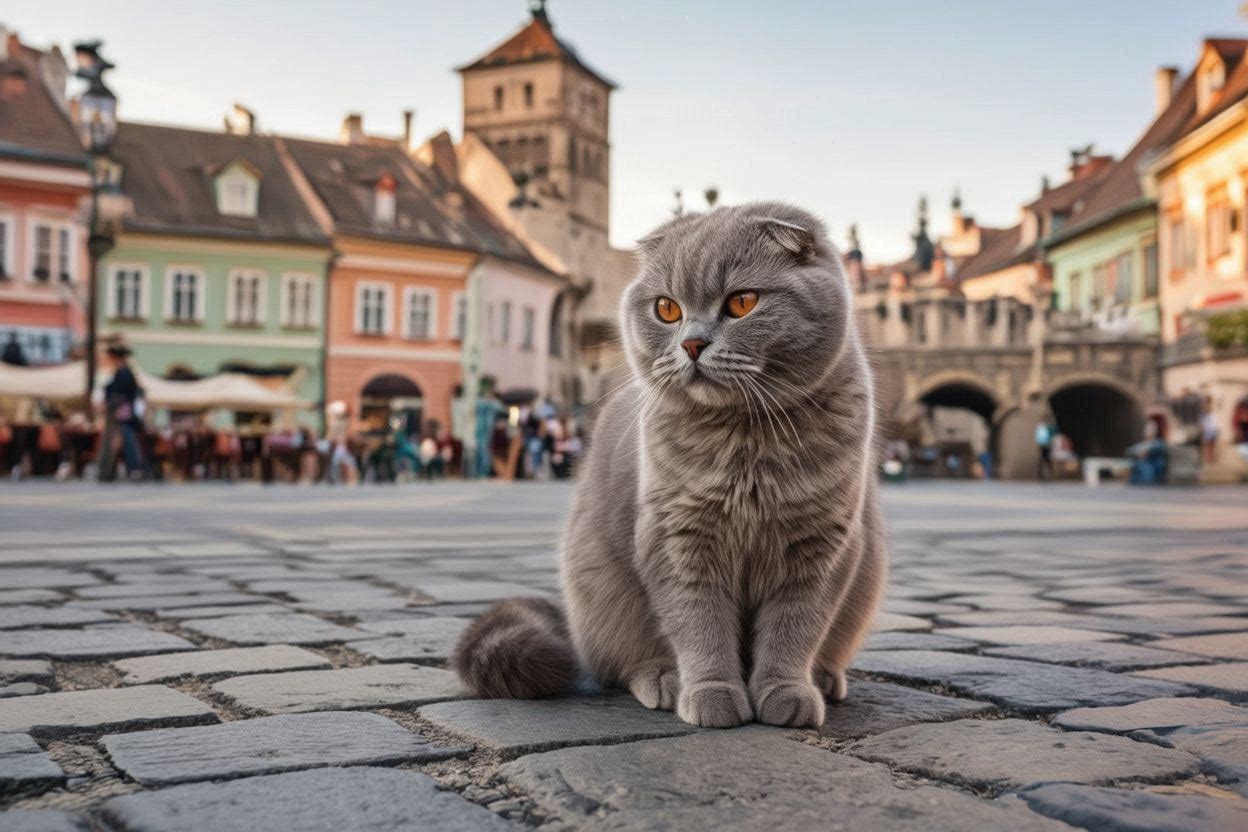 Mera the cat exploring the historic old town of Sibiu, Romania